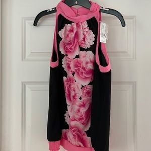 NWT New York & Company Black & Pink Rose Sleeveless Blouse Size Medium